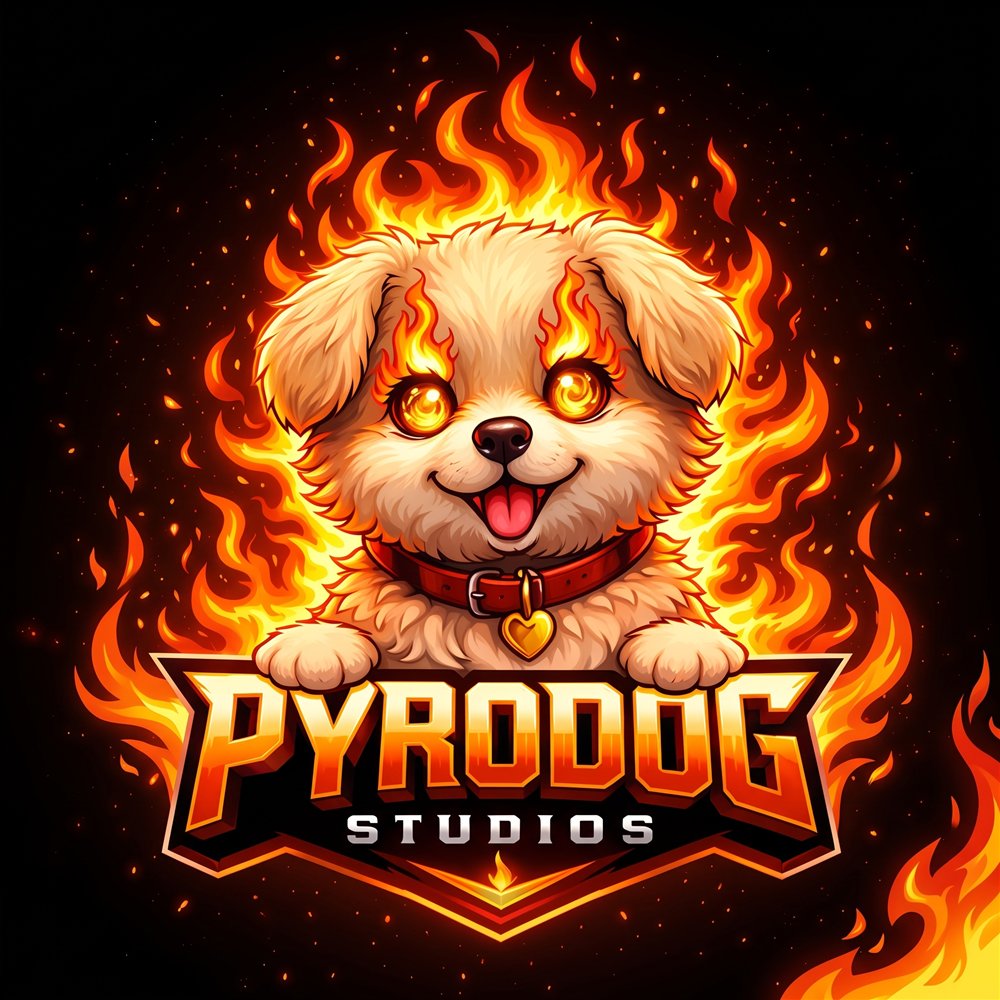 Arte conceitual de Pyro, mascote da Pyrodog Studios, cercado por fogo